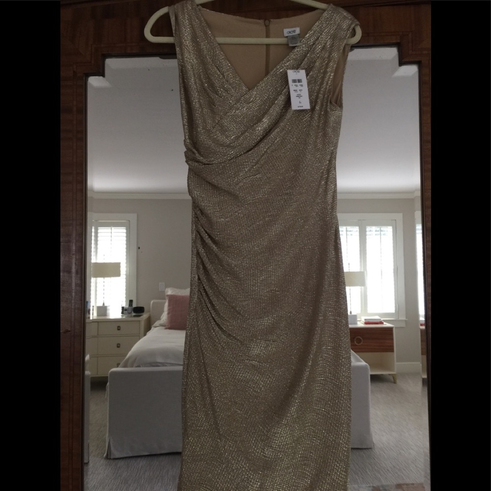 Metallic Gold ruched dress by Cache.